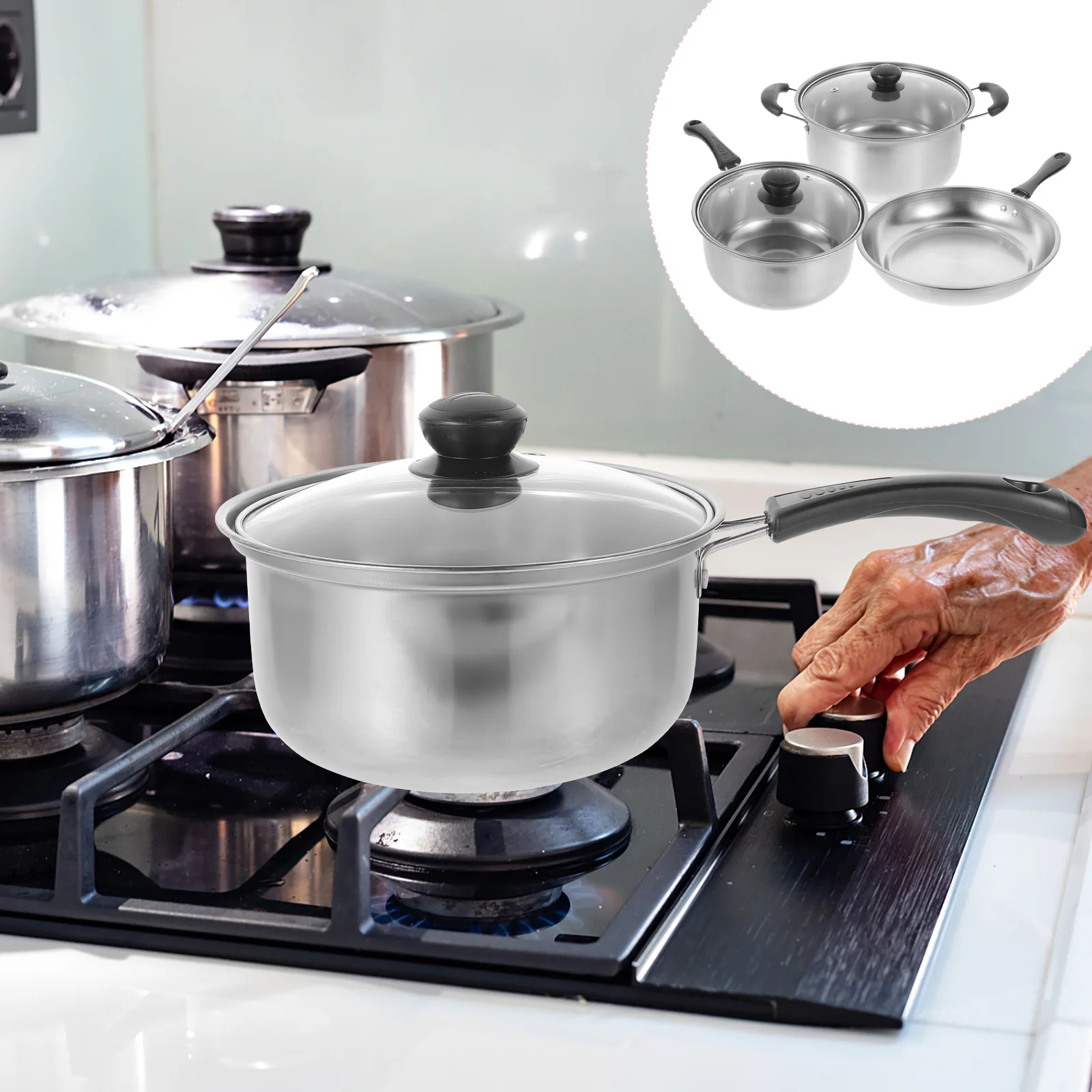 

Kitchen Pot Stainless Steel Set Camping Cookware Soup Cooking Multi-functional 430 Sauce Pan Induction Griddle