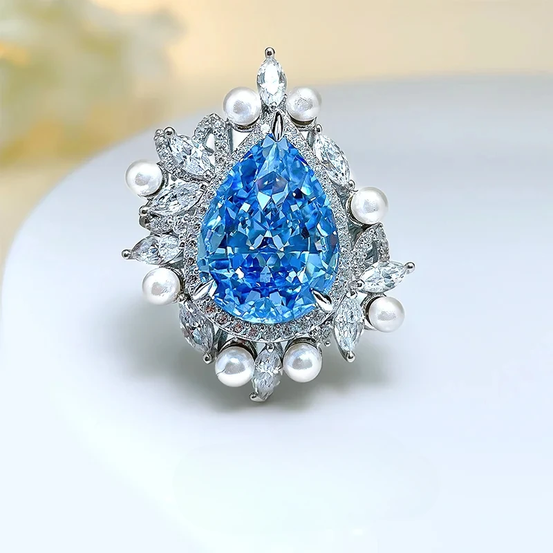 

Retro Sea Blue Women's Group Treasure Ring Design Light Luxury Palace High Carbon Diamond 925 Silver Wedding Jewelry Wholesale