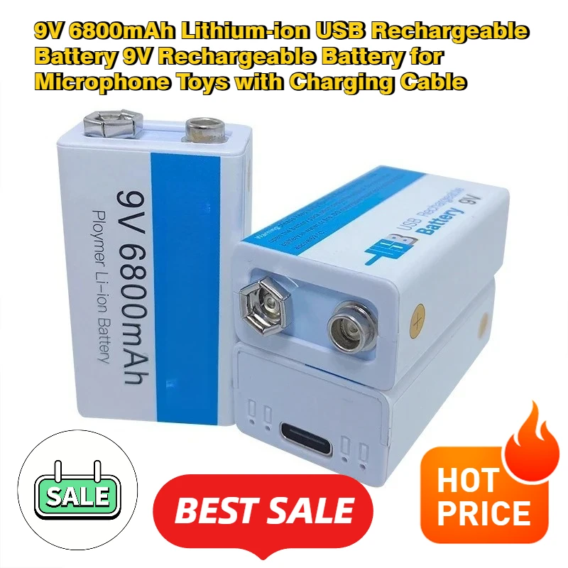 

9V 6800mAh Lithium-ion USB Rechargeable Battery 9V Rechargeable Battery for Microphone Toys with Charging Cable