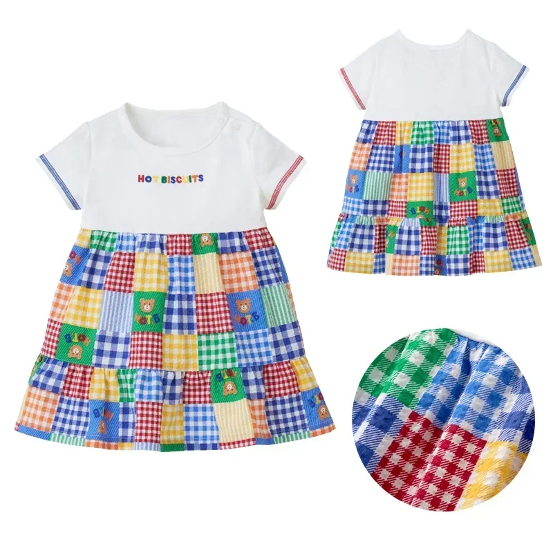 

Vestidos De Niña Kids Dresses for Girls Summer New Children's Cartoon Pockmarked Bear Embroidered Patchwork Plaid Dress