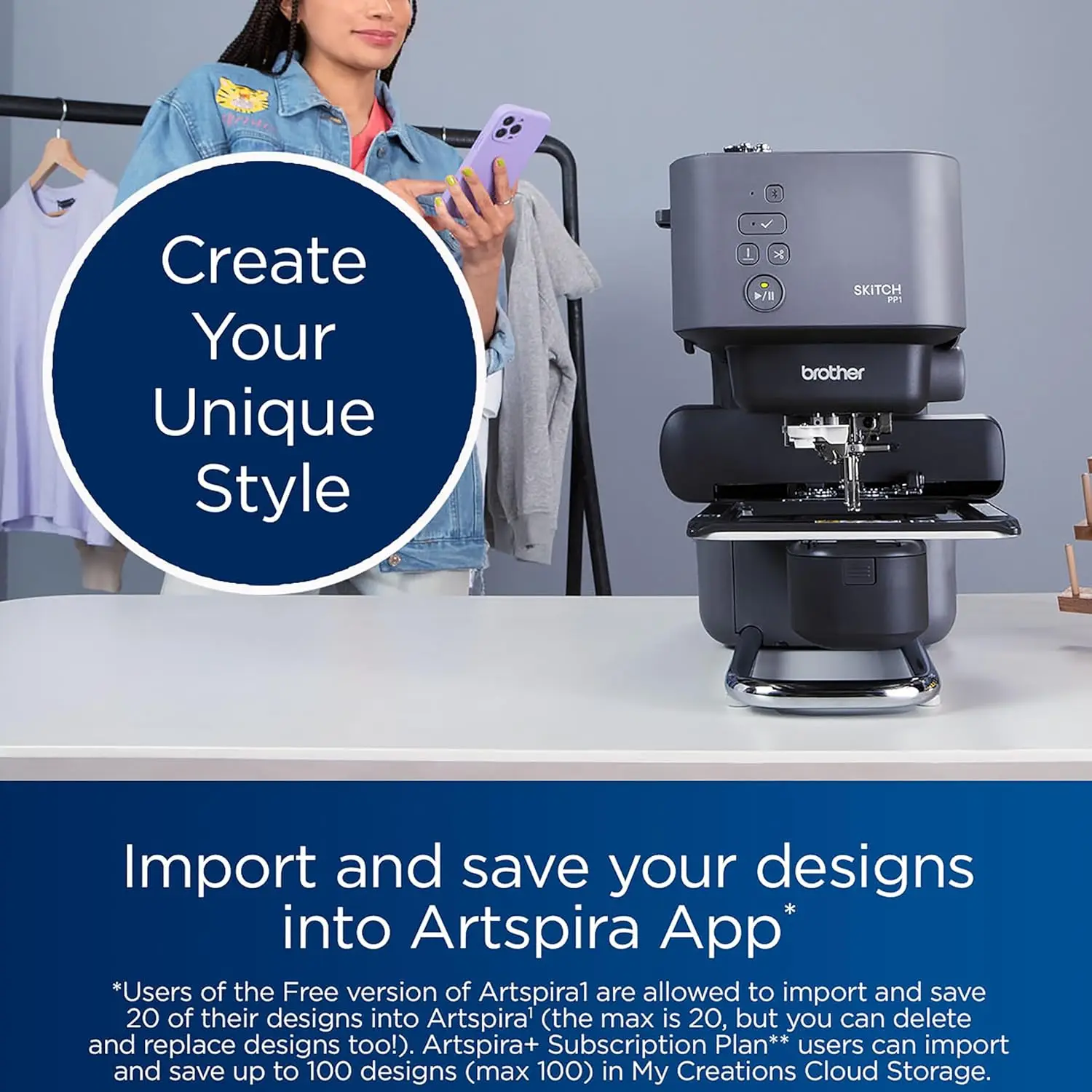 

Skitch Single-Needle Embroidery Machine powered by the required Artspira mobile app, 4” x 4” Embroidery Area, Bluetooth Connecte