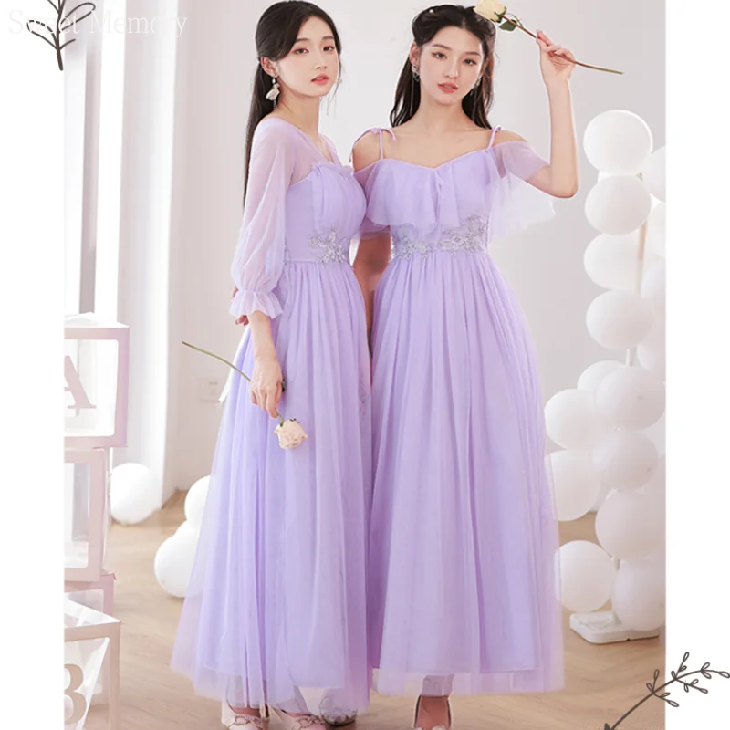 M58 In Stock Cheap Purple Lilac Bridesmaid Dresses Long Mesh Net Tulle Wedding Party Graduation Dress Elastic Back