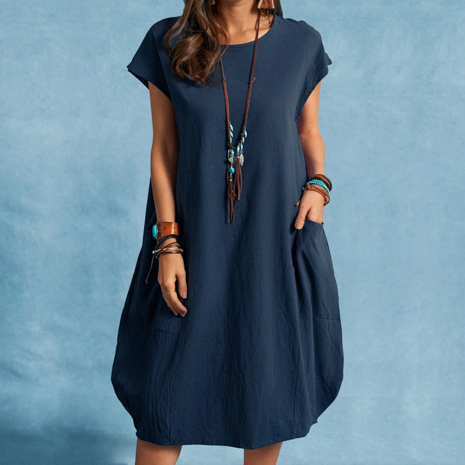 

ladies Spring and Summer Europe and the United States Amazon stand alone cotton linen loose casual pure color pocket dress