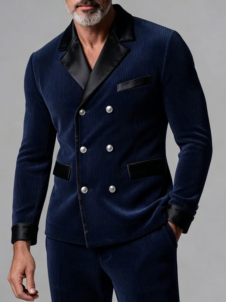 Men's Navy Blue Corduroy Long Sleeve Shirt Double Breasted Shawl Collar Slim Fit Casual Business Party Groom Formal Banquet Top