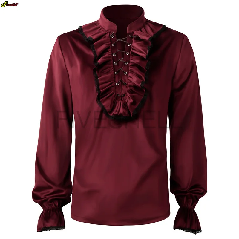 Medieval Costumes Men\'s Shirts Turtlenecks Vintage Bandage Victorian Ruffles Gothic Male Jabot Blouse Tops Groom Casual Outfit