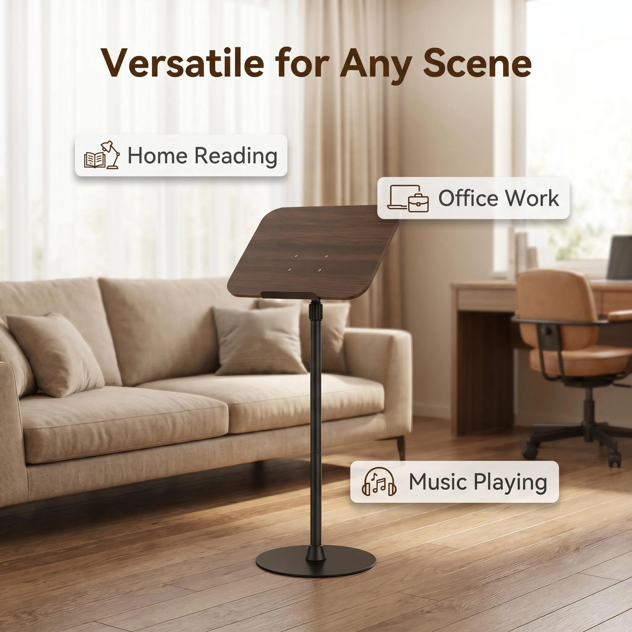 SUNWOOD S02A Height Adjustable Floor Book Stand Walnut Color Front Clip Design Multi-angle Reading Holder for Kids Picture Book