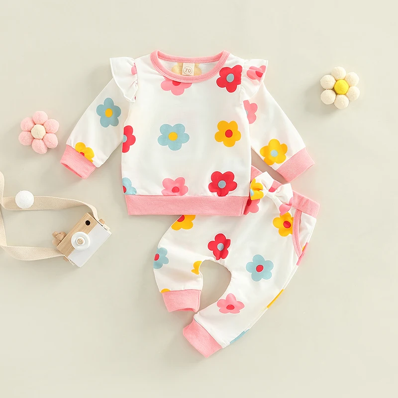 Adorabile set di vestiti per neonata in 2 pezzi con stampa floreale con volant a maniche lunghe, pantaloni comodi, completo per neonati 0-24