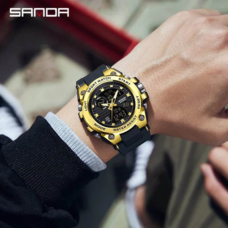 SANDA mens watches Casual Sports Outdoor Military Waterproof Shockproof Automatic Rubber Quartz Clock Shock New luxury watch9011