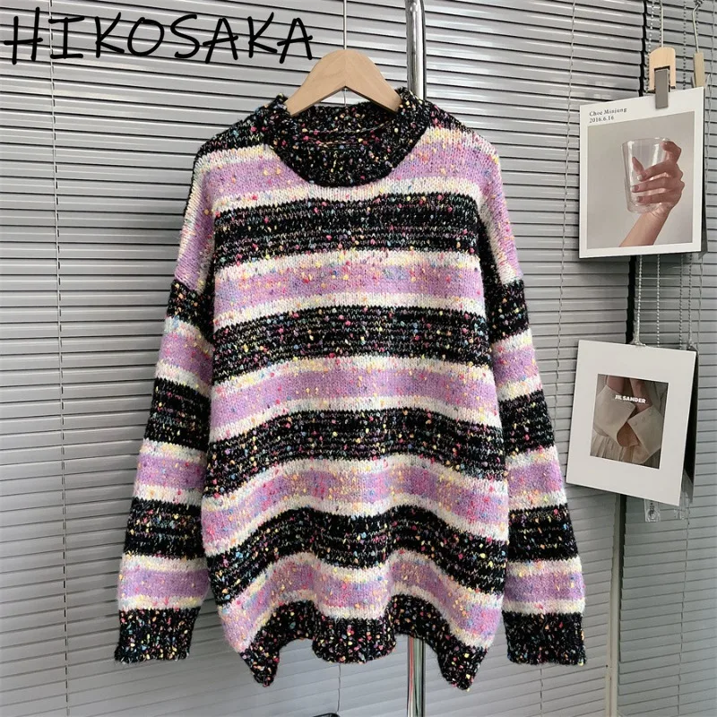 Vintage Contrast Color Striped Colorful Dot Sweaters Women O-neck Loose Warm Pullovers Korean Chic Casual Long Sleeve Sueter