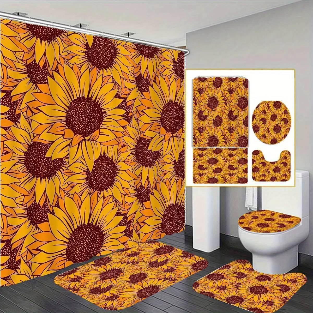 

Набор занавесок для душа с ярким подсолнухом — полиэстер, нескользящий коврик для ванной, U-образное сиденье для унитаза, 12 крючков — идеально подходит для праздника, дома
