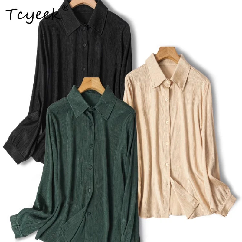 

Tcyeek 93% Mulberry Silk 7% Spandex Spring Summer Retro Loose Polo Collar Solid Color Long Sleeved Women's Shirts חולצותנשים 셔츠