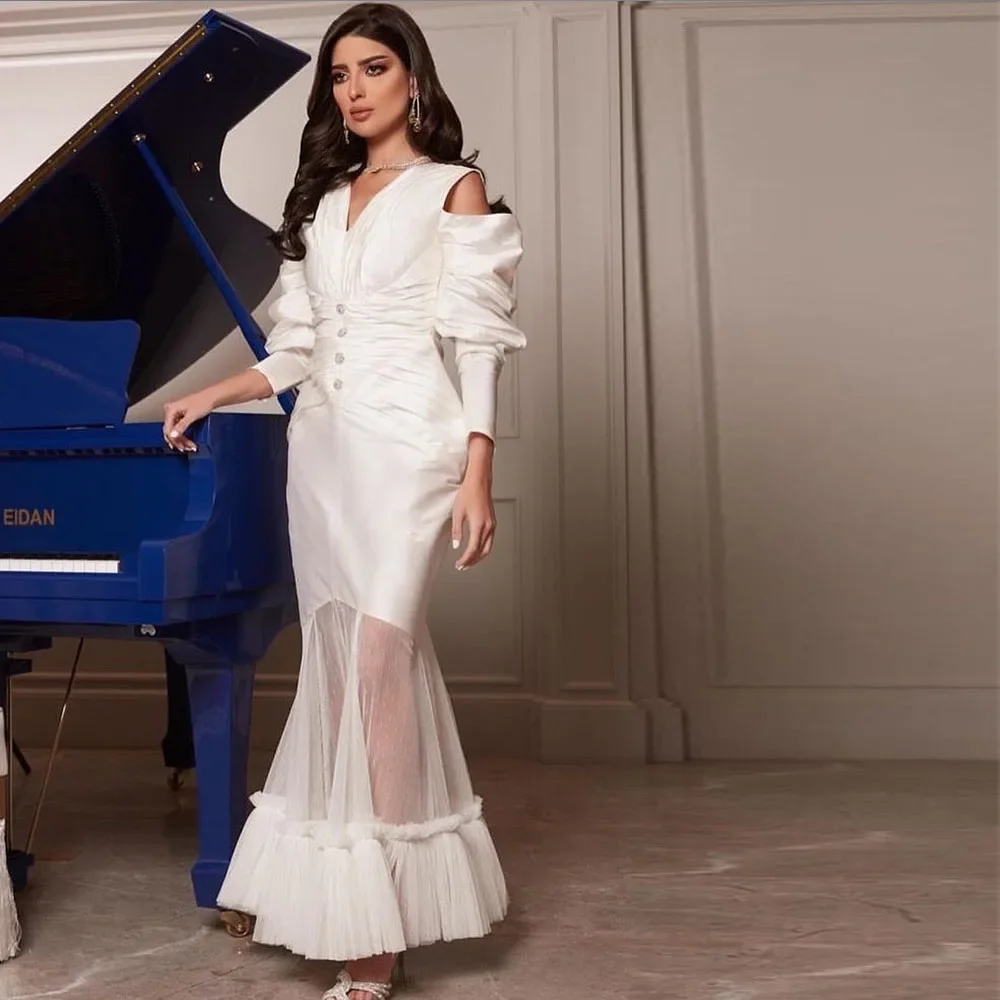 Customized Temperament Prom Gown for Women V-Neck Long Sleeves High Quality Occasion Solid Color Evening Party Dresses for Women
