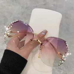 Gafas de sol con diamantes de imitación para hombre y mujer, lentes sin montura con diseño de marca de lujo, Estilo Vintage, a la moda, con degradado, 2023