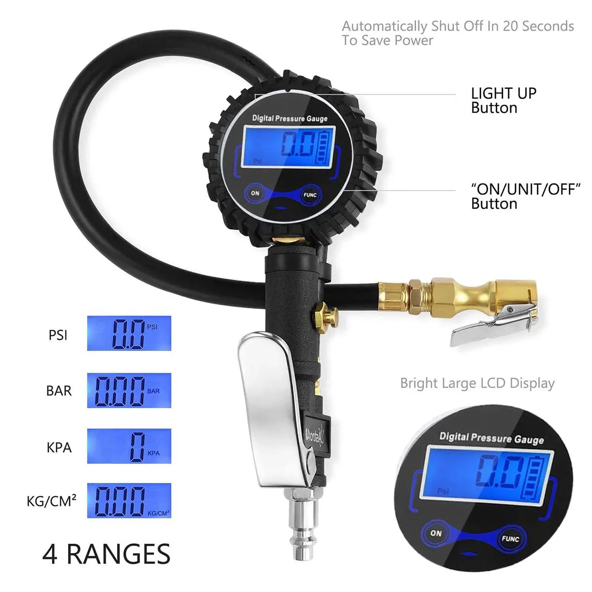 Dial Size Digital Pressure Gauge LCD Backlight Quick Connect Coupler 3-200 PSI Tire Inflator Air Chuck Compressor Accessories