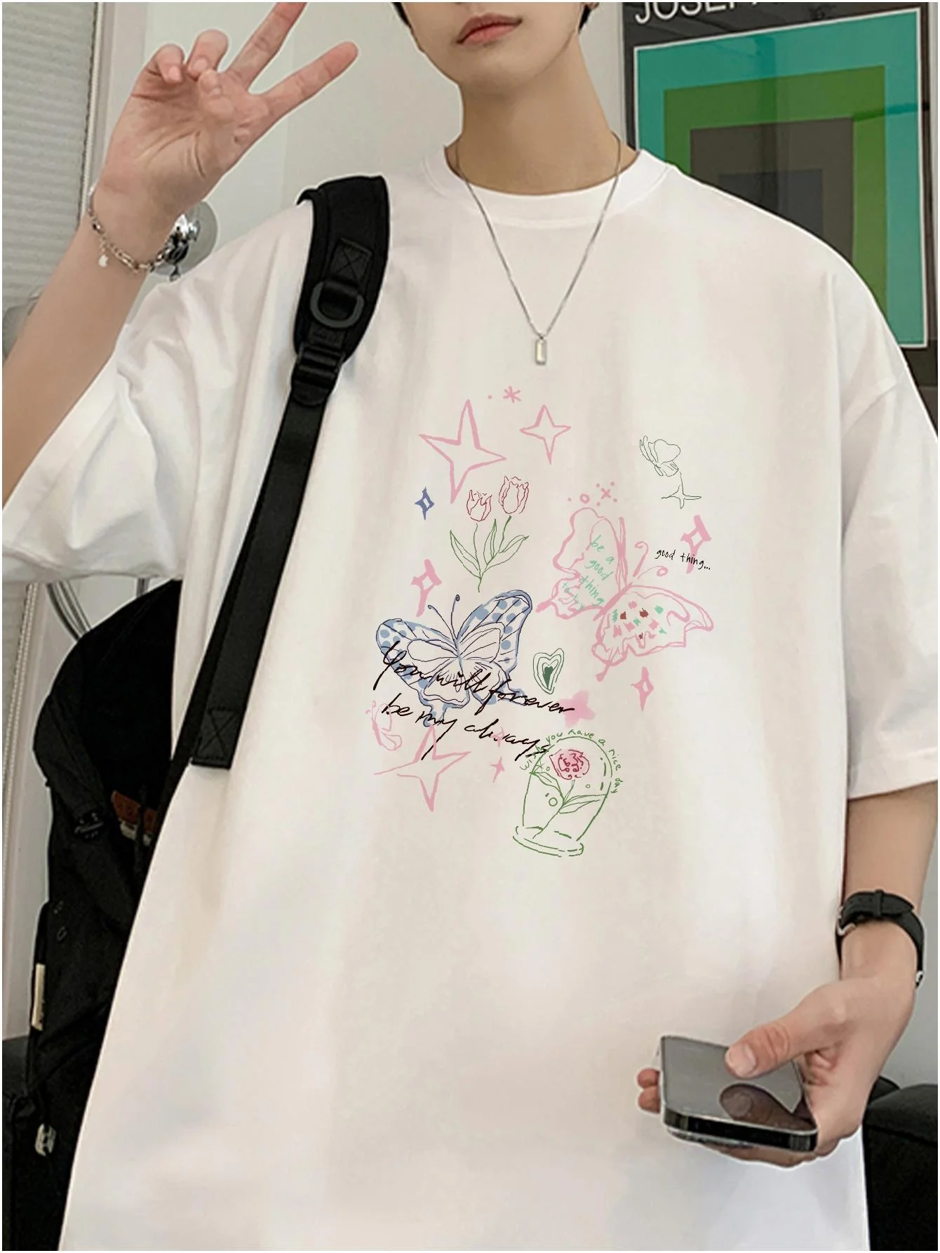 Casual Men Luxury Cotton T-shirts Butterfly Graphic Fashion Brand Unisex Kpop Tees Short Sleeve Oversize Hip Hop Male Tops