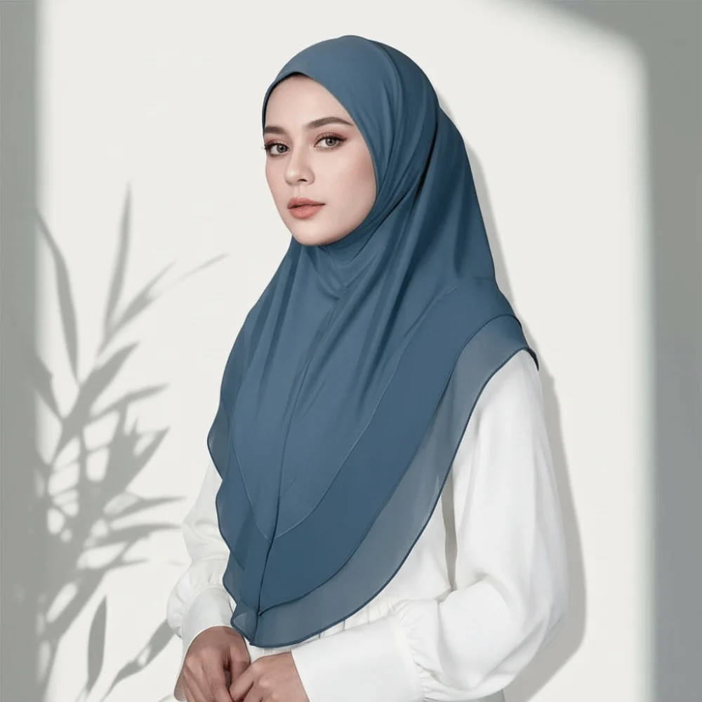 

Non-Transparent Double Layer Chiffon Hijab Solid Color Elegant Drape Instant Chin Cover Scarf Breathable Mesh Pinless Design