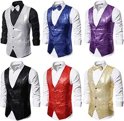 Masculino Lantejoula Blazer Botão Colete Colete com Laço Moda Men's Business Evening Wedding Party Glitter Sem Mangas Fino Vest