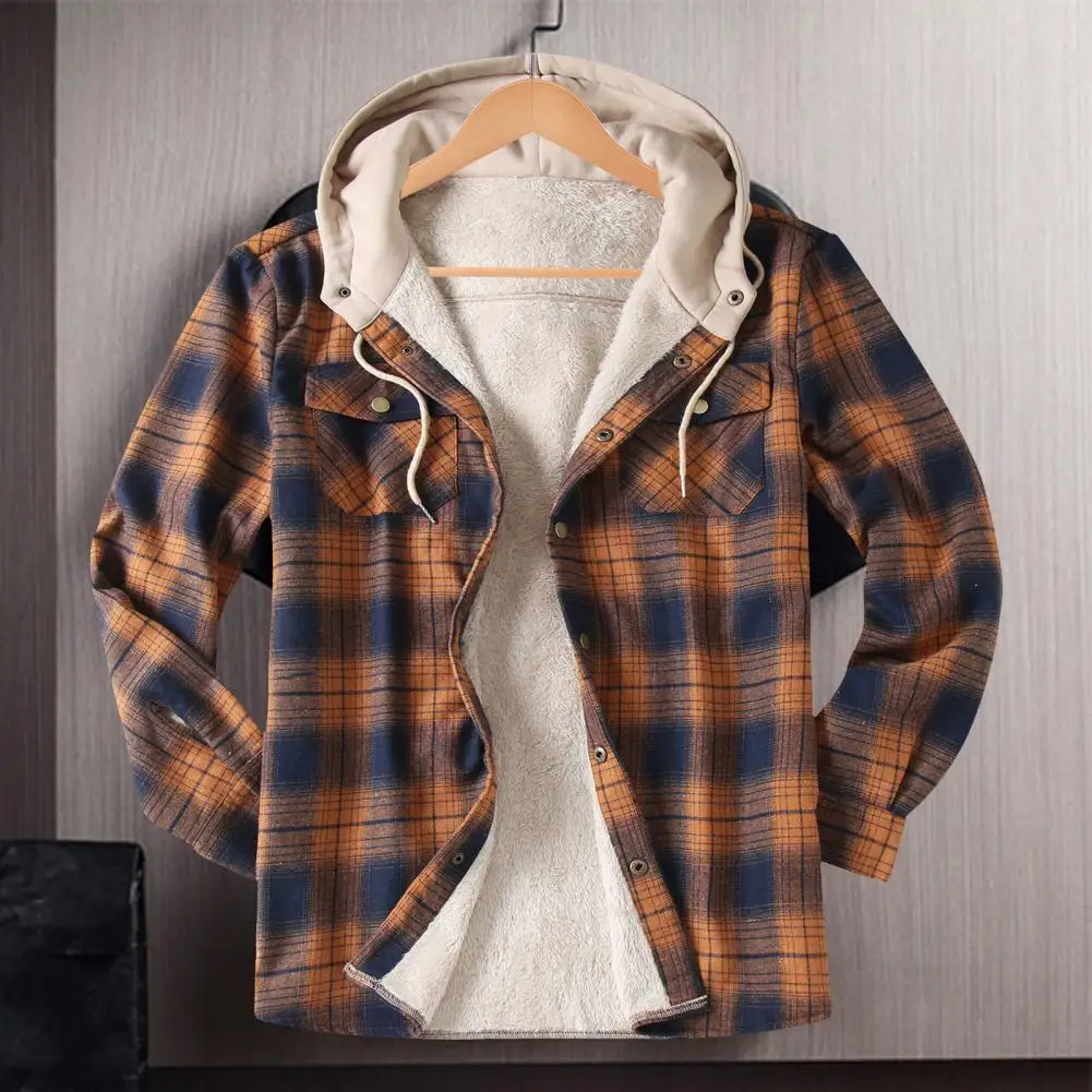 

Men Coat Hooded Drawstring Long Sleeve Plaid Print Jacket With Pockets Buttons Closure Plush Lining Bomber Jacket Sporty Coat