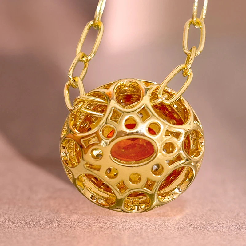 Huitan Luxurious Oval Orange Red CZ Pendant Necklace Women for Wedding Full Sparkling CZ Paperclip Chain Statement Jewelry Gift