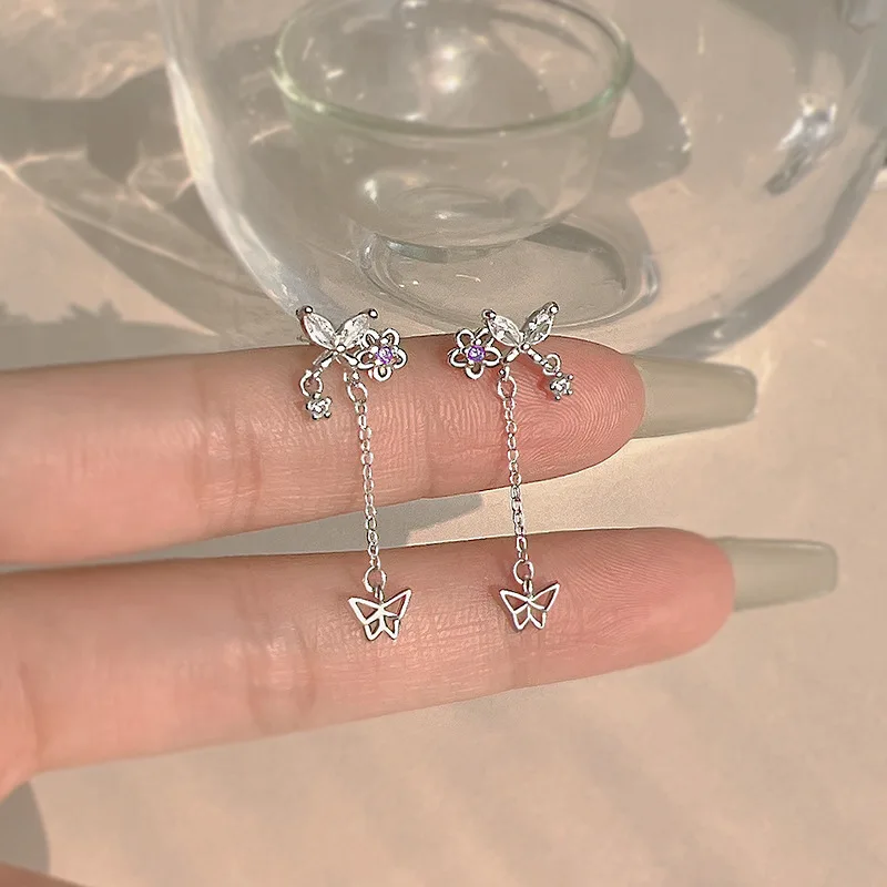 

New 925 Sterling Silver Stud Earrings Butterfly Flower Droplet Tassel Elegant For Women Girl Gift Jewelry Dropshipping Wholesale