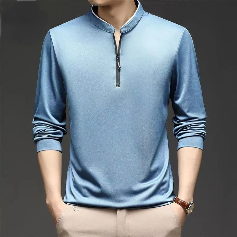 Fashion Men Solid Half-zip T-shirt Spring Autumn New Business Male Clothes Streetwear Casual Loose Stand Neck Long Sleeve Tops