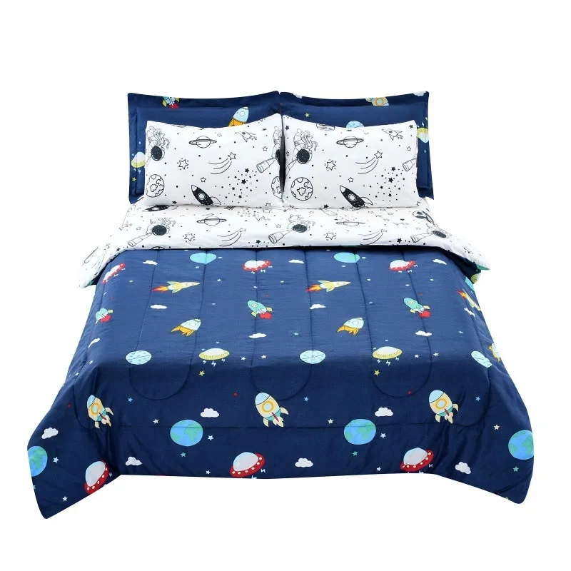 Vibrant 7-Piece Kids Comforter Set Twin Size Space Printed Bedding