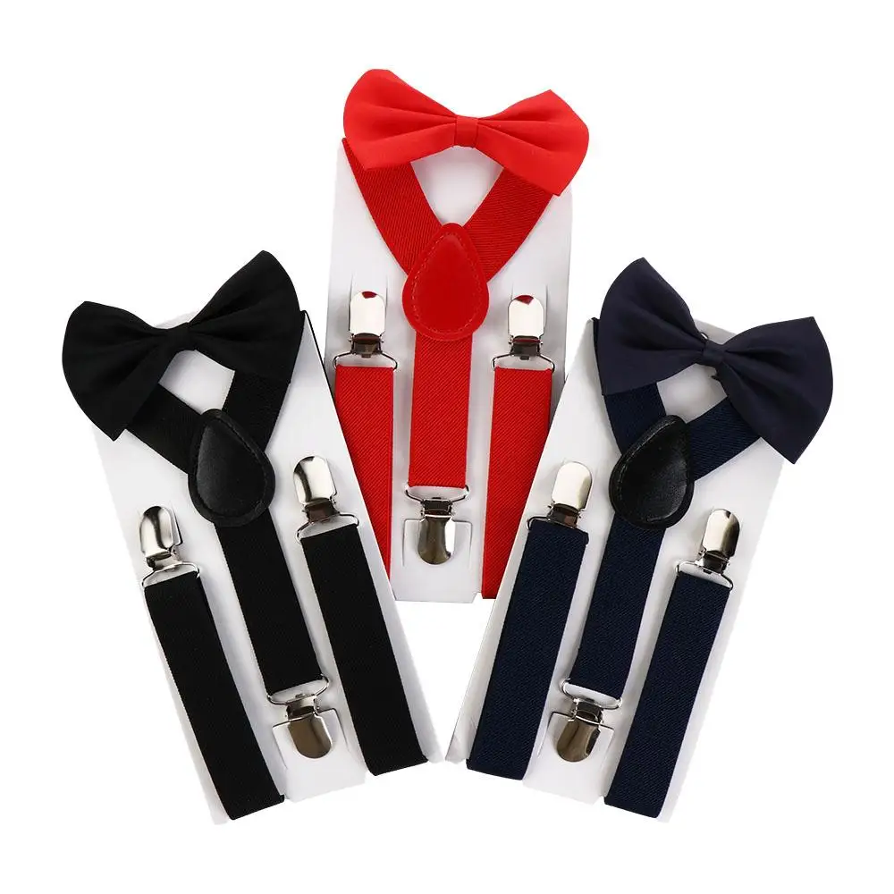Hanging Performance Strap For Girls Solid Color For Children Bow Tie Tie Suspenders Set Suspenders Clips Hanging Pants Clip