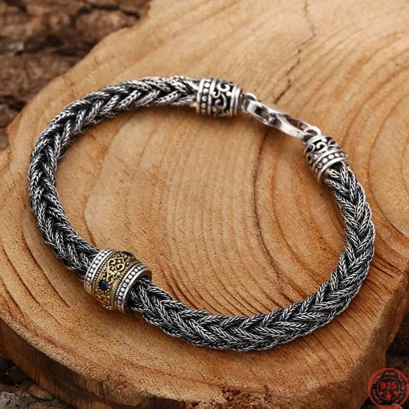 

Genuine s925 sterling silver bracelets for women men new fashion good luck bead woven horseship-chain punk jewelry free shipping