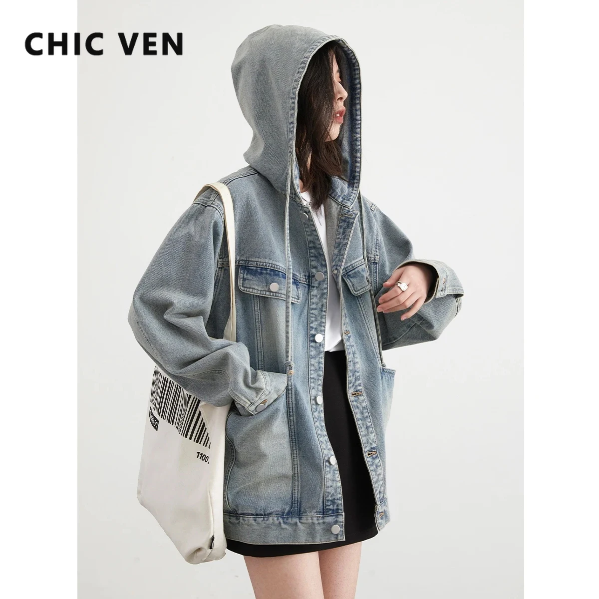 

CHIC VEN Women Denim Coat Single Breasted Casual Washed Hooded Denim Jacket Casual Loose Female Overcoat Spring Autumn 2024