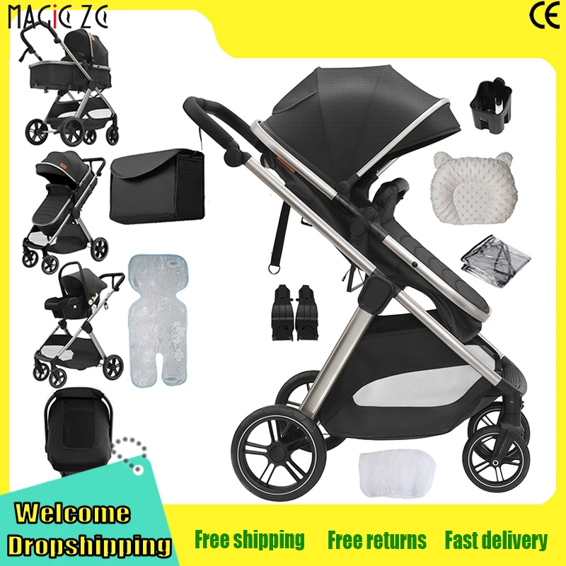 Poussette 3-en-1 avec siège auto pour nouveau-né, landau de voyage avec capote, poussette haute pour bébé