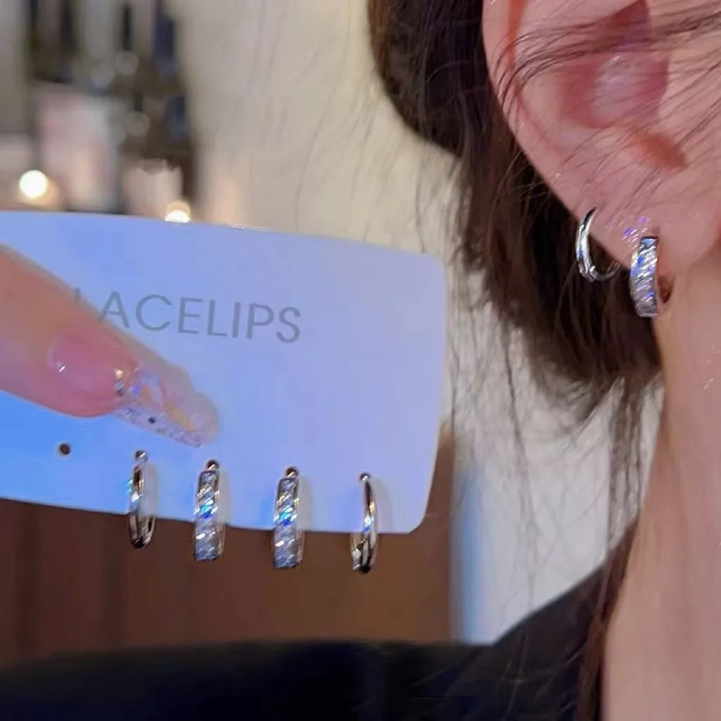 4Pcs/set Stainless Steel Aesthetic Zircon Crystal Hoop Earrings for Women Egirl New Y2K Cool Daily Wear Jewelry Accessories