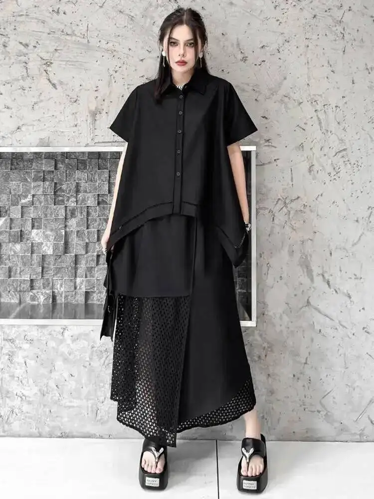 

Black Irregular Women Hem Big Size Casual Blouse New Lapel Short Sleeve Shirt Fashion Spring Summer 2026 P8VW