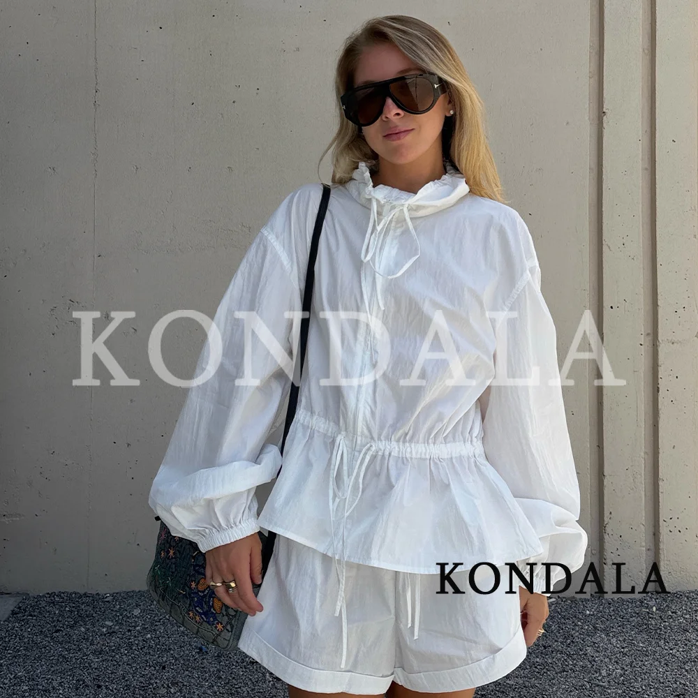 KONDALA Women Chic White Drawstring Jacket Sports Style Casual Stand-Collar Zip-up Jacket 2026 Summer Trendy High Street Jacket