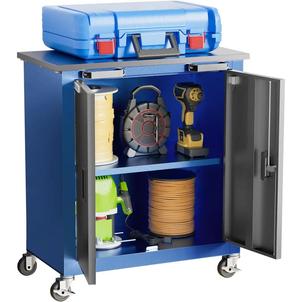 

Rolling Tool Chest with 4 Pad Feet, Double-Door Storage Cabinet with Adjustable Shelves, Secure Steel Locker for Garage and Offi