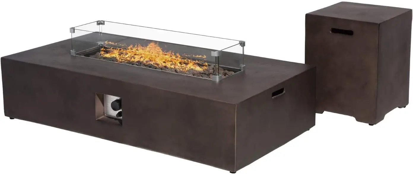 

SUNBURY Outdoor Propane Fire Pit, Patio Fire Table 50,000 BTU w 20 Gallon Tank Cover, Glass Wind Guard, Waterproof Cover