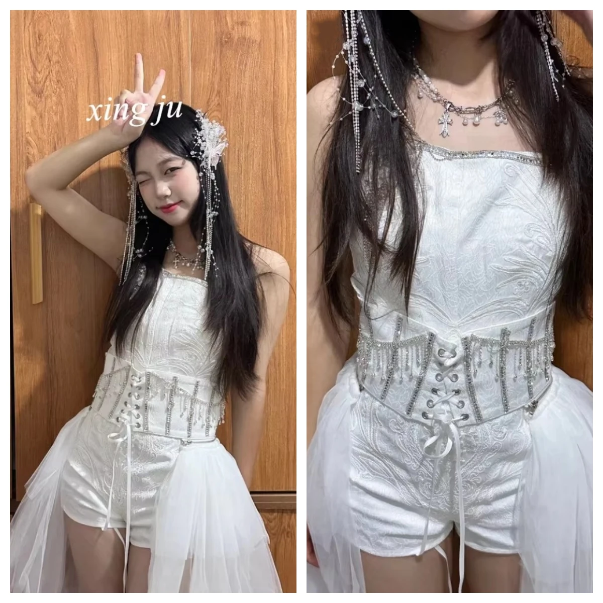 

Xing Ju Korean Singer Nightclub Mesh Skirt White Tight Sling Jumpsuits Jazz Dance Performance Costumes Women Kpop Stage Outfits