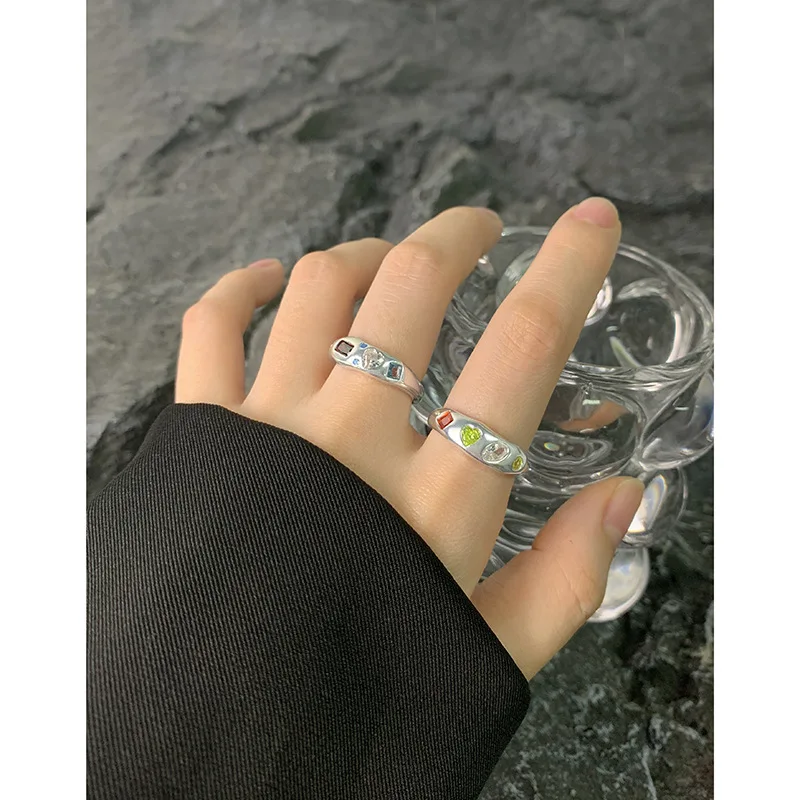 F.I.N.S Original Korean Style Luxury Contrast Color Purple Green Zirconia Ring Minimalist Stacked Resizable Finger Jewelry Gift