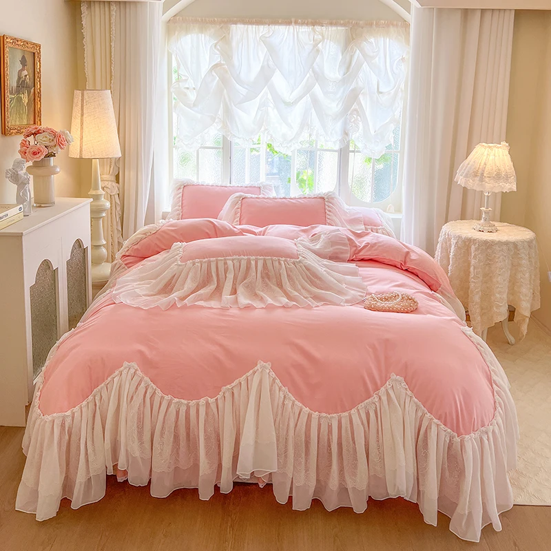 

4/6Pcs Pink White Princess Wedding Bedding Sets Chiffon Lace Ruffles 100% Cotton Duvet Cover Set Bedspread Bed Skirt Pillowcases