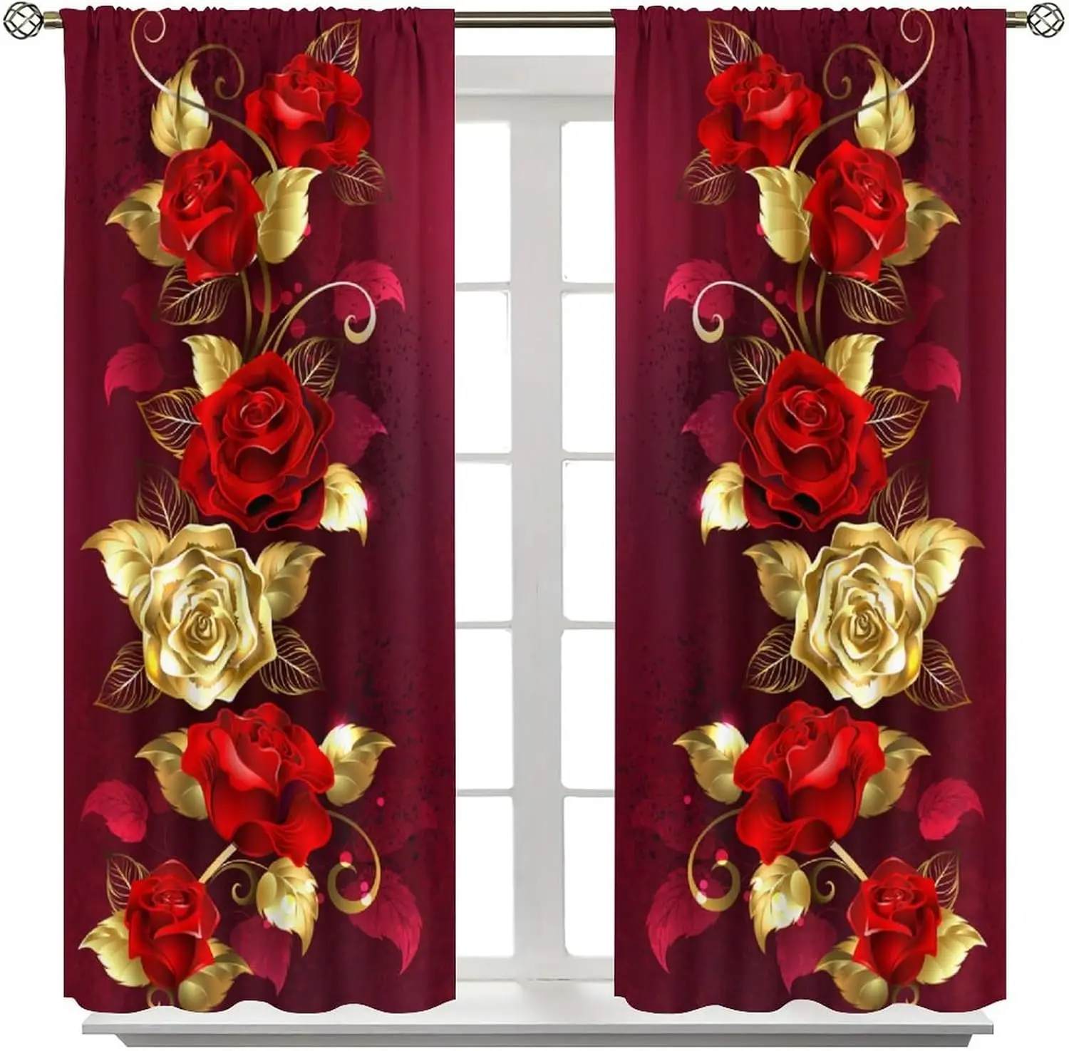 Burgundy Red Gold Rose Floral Curtains, Retro Romantic Flower Rod Pocket Drapes for Girls Bedroom Kitchen Living Room Home Decor