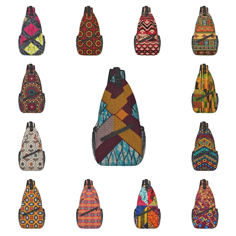 Ankara Kitenge African Print Sling Bag for Men Fashion Geometric Shoulder Crossbody Chest Backpack Travel Hiking Daypack