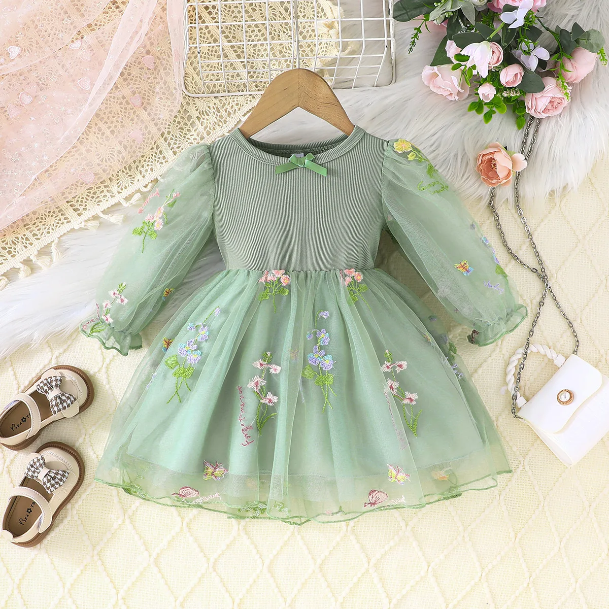 Winter 2024 Girls Dress Long Sleeve Embroidery Floral Mesh Green Dress Cute Preepy Look Birthday Party Dresses Vestidos 6M-3T