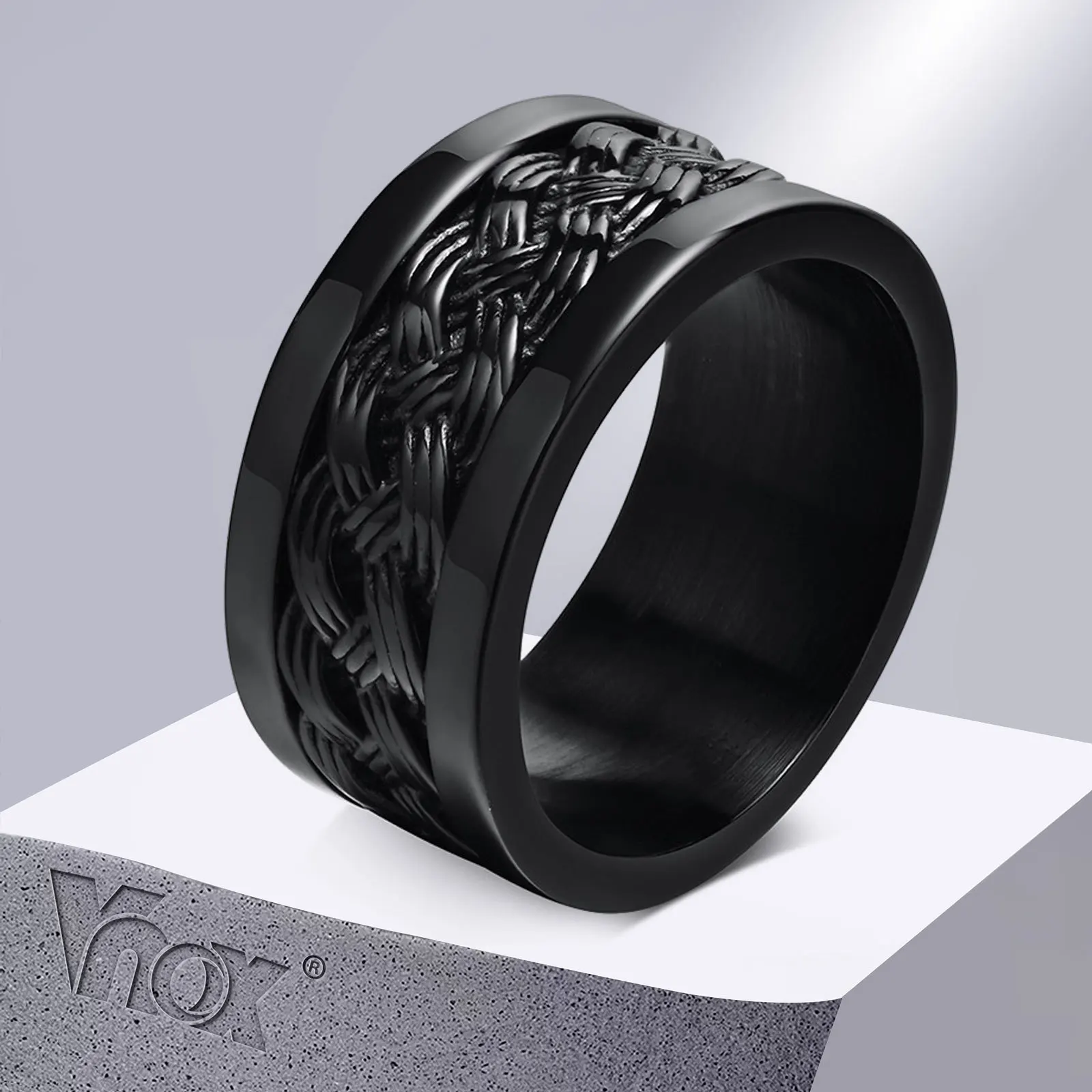 Vnox 10mm Interwoving Texture Ring for Men, Black Stainless Steel Finger Band, Gothic Vintage Punk Boy Male Fraternal Rings