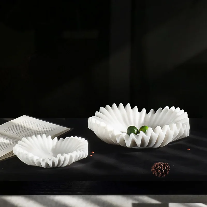 HandCrafted White Marble Ruffle Scalloped Dish for Key Ring Jewelry Decorative Fruit Bowl for Kitchen Counter and Entry Table