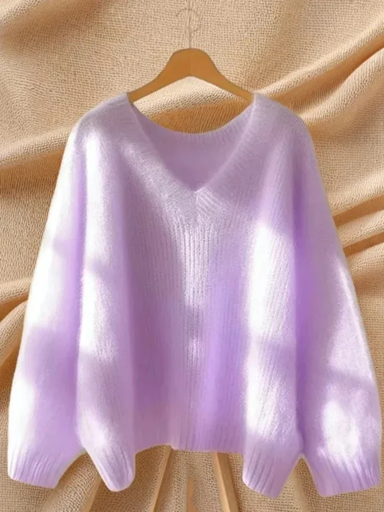 

Zoki Мягкие модные фиолетовые свитера женские японские милые вязаные джемперы с длинными рукавами элегантные ленивые ветровые женские повседневные пуловеры с v-образным вырезом