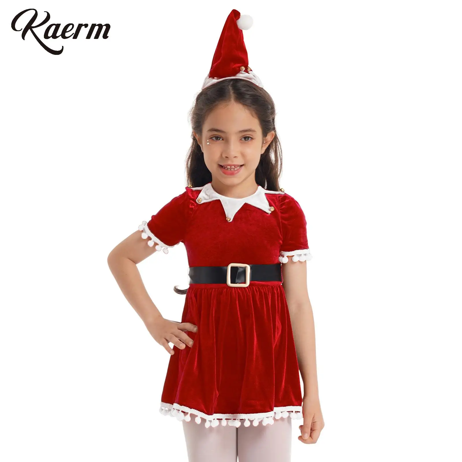 Girls Christmas Santa Costume Tassel Sleeves Clown Collar Fringe Border Velvet Dress with Santa Hat Belt Christmas Cosplay Dress