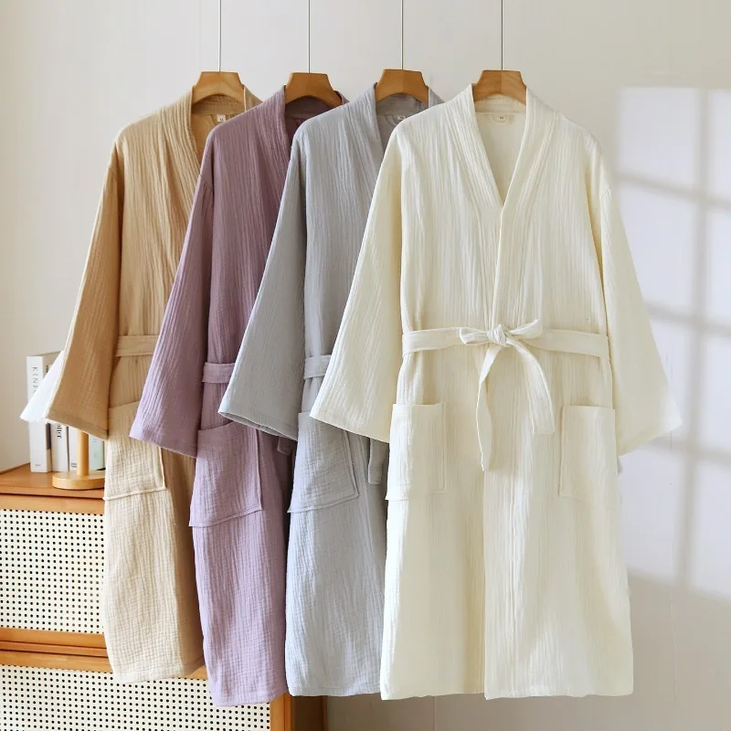 2026 Japanese New Spring/Summer Women's Sleeper Robe 100% Cotton Crepe Solid Color Strap Breathable Home Clothing Bathrobe