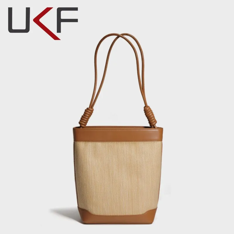 

UKF Luxury Women's Bucket Bags New Trendy Versatile Large Tote Bag Female Single Shoulder Bags For Women Beach Weaving Handbag