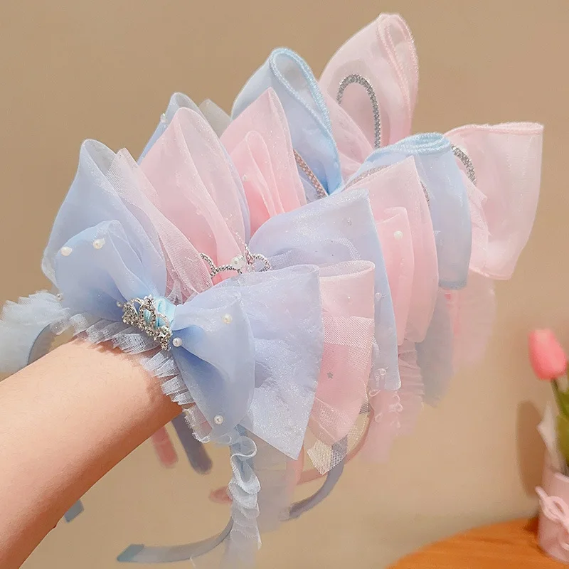 Girl Princess Korea Crown Headband Yarn Veil Kids Bow Flower Hairbands Children Party Head Band Wedding Jewelry Accessiories