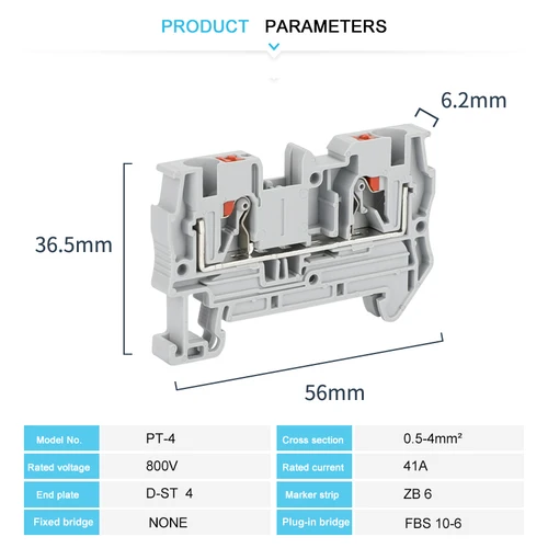 Imagen 2 del producto Terminales de riel PT4 Din, bloque de terminales de empuje, conexión de resorte, cable de PT-4 sin tornillo, conector eléctrico PT 4, 4mm²