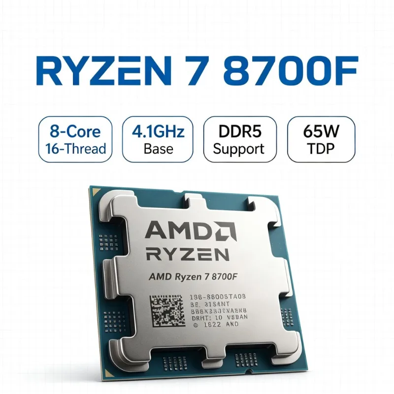 Ryzen7 8700F For AM5 Platform 4.1GHz 8‑Core 16‑Thread 16MB L3 65W 4NM DDR5 CPU Without Cooler No IGPU For Home Desktop